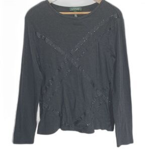 LAUREN RALPH LAUREN Blouse Ribbon Beaded Long Sleeve Pullover Top Womens L Gray